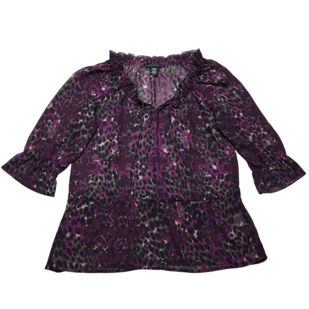 Apostrophe Top Women Medium Purple Leopard Floral Sheer Bell Sleeve Boho Peasant